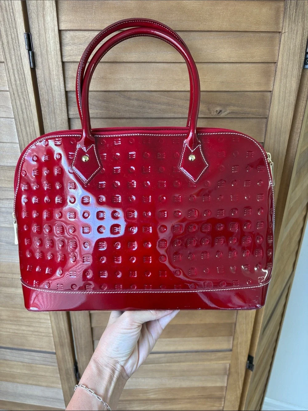 Arcadia Red Patent Satchel with Embossed Dot Pattern
